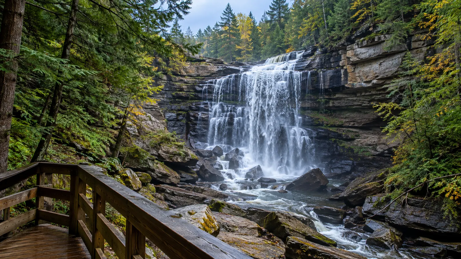 A tall waterfall spilling over layered sandstone ledges in a lacy veil into a rocky gorge, hemlocks on both sides, a wooden boardwalk railing in the foreground