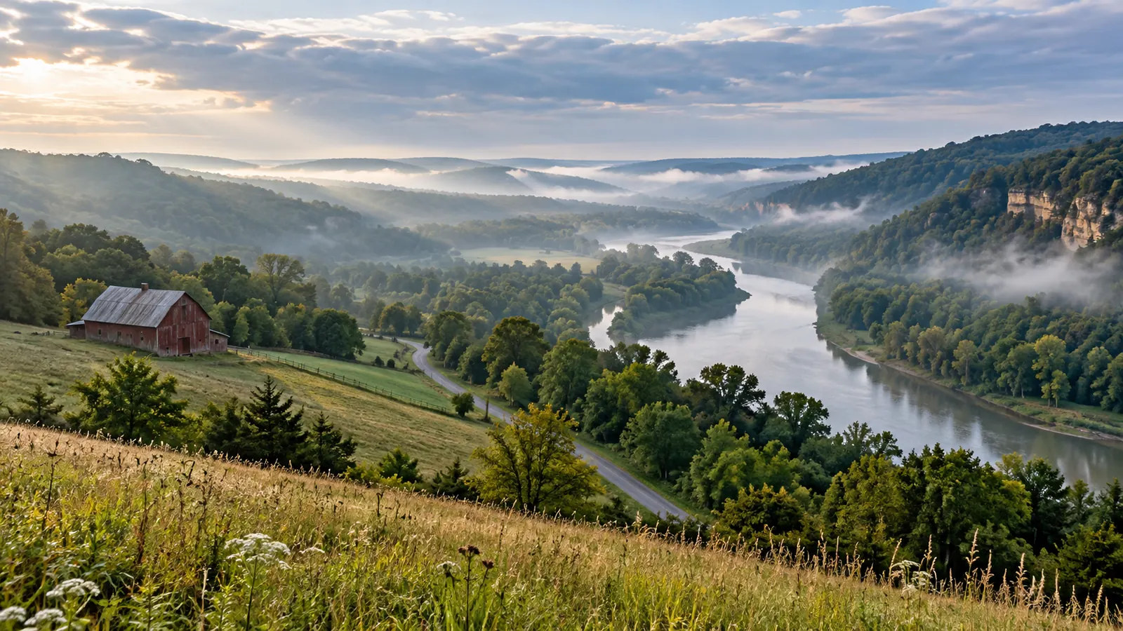 A green river valley seen from a hillside meadow