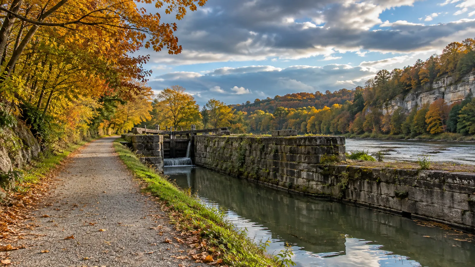 A flat gravel towpath beside an old canal and a quiet river, a stone lock wall in the middle distance, a bicycle-free empty trail, autumn colors