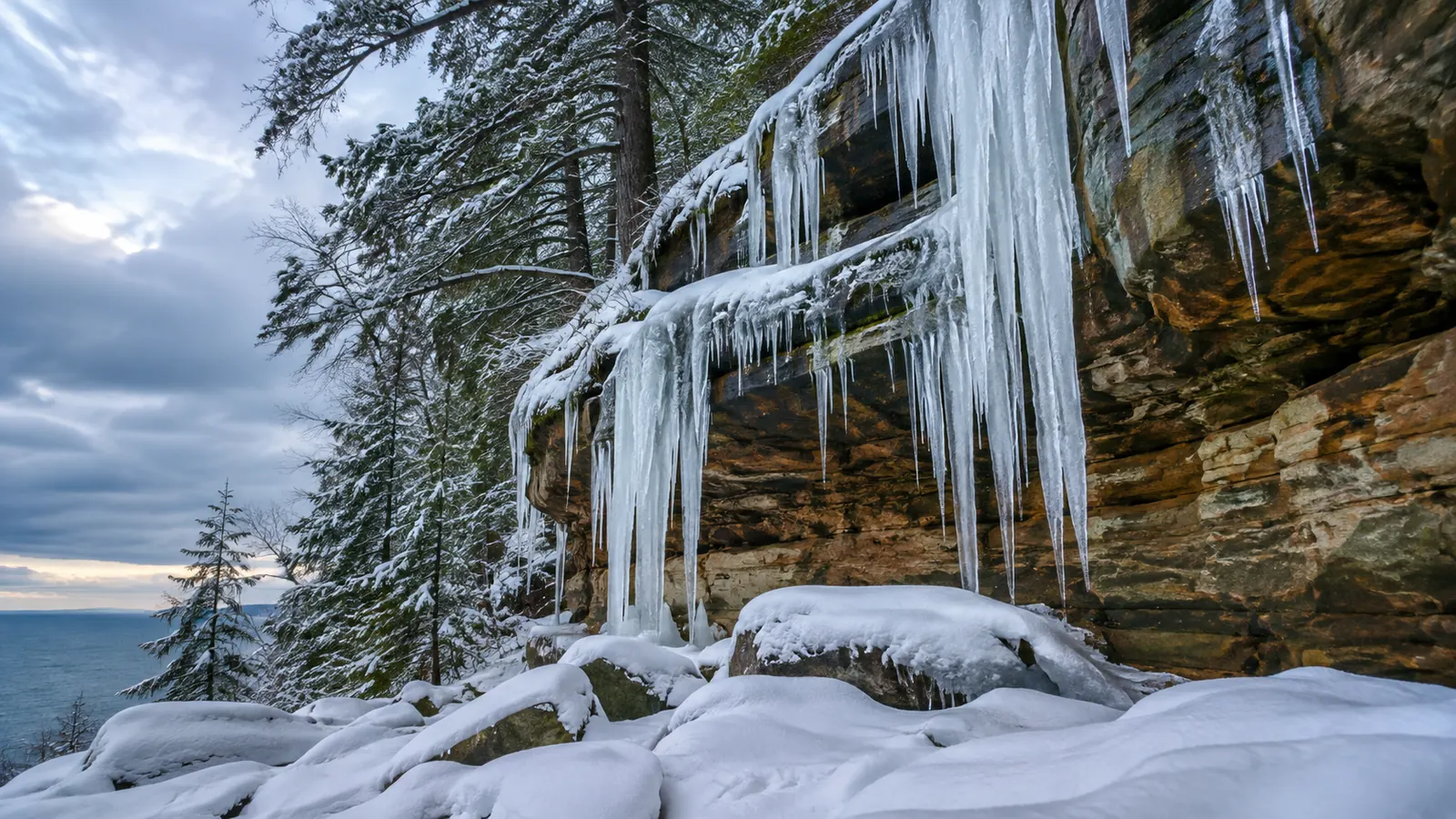 Sandstone cliffs with long icicles hanging from the ledges, fresh snow on the forest floor and hemlock branches